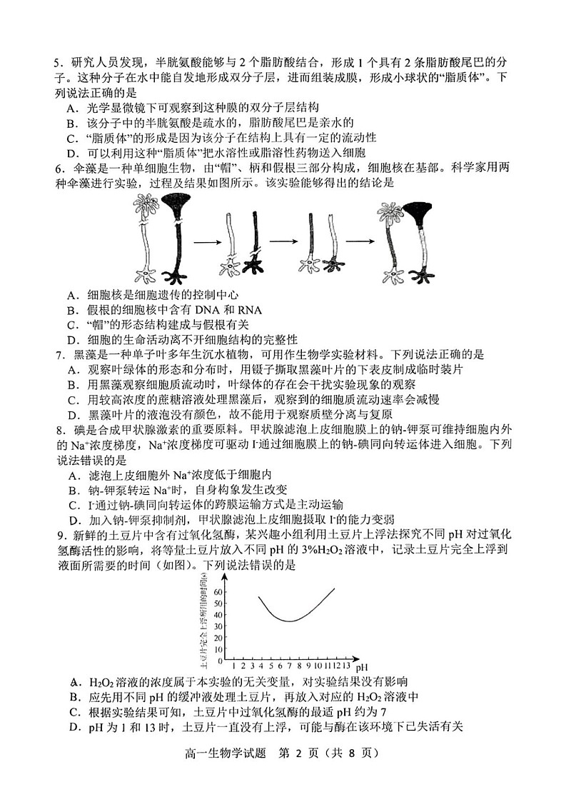 山东省淄博市2024-2025学年高一上学期1月期末考试生物试题第2页