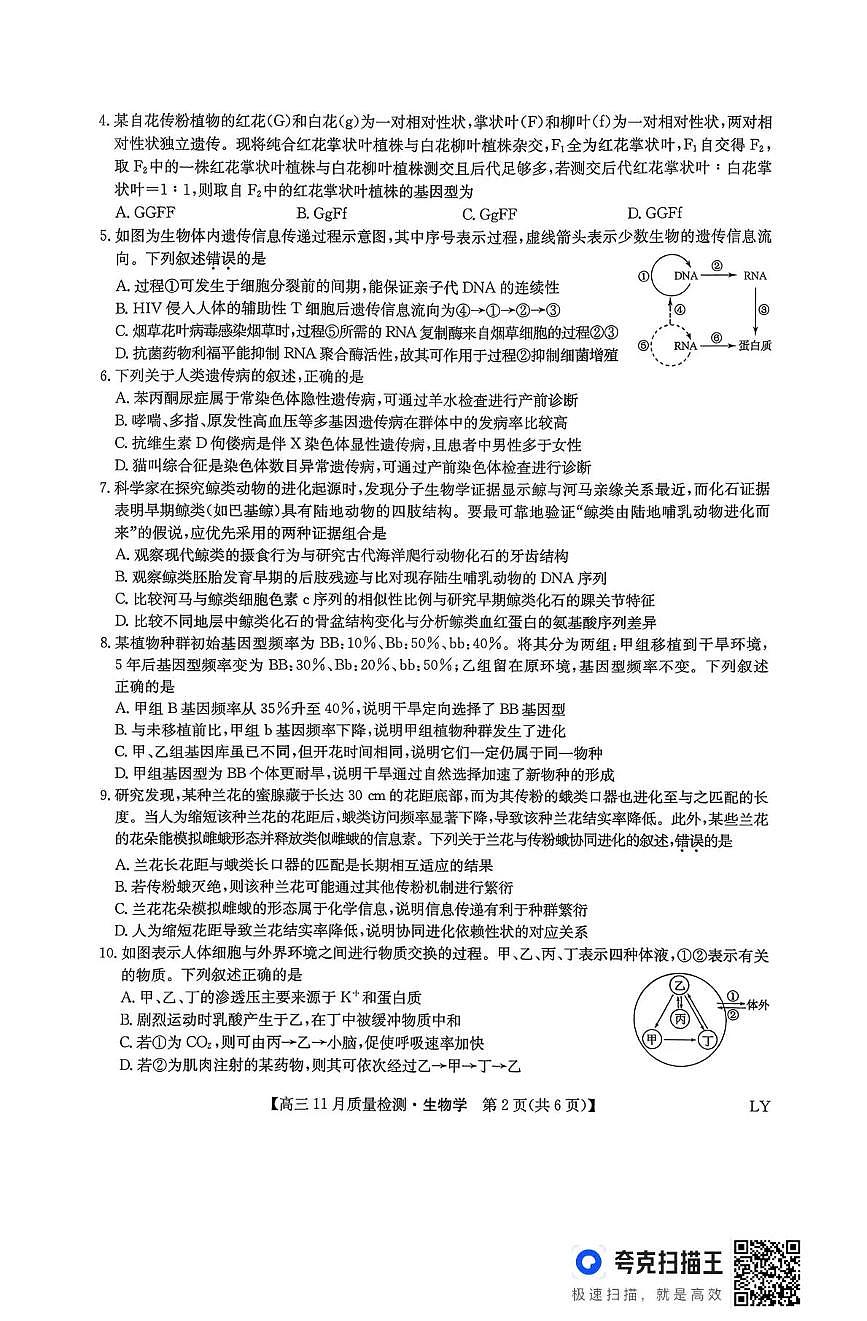 九师联盟2026届高三上学期11月质量检测生物试卷(下标LY)+答案第2页