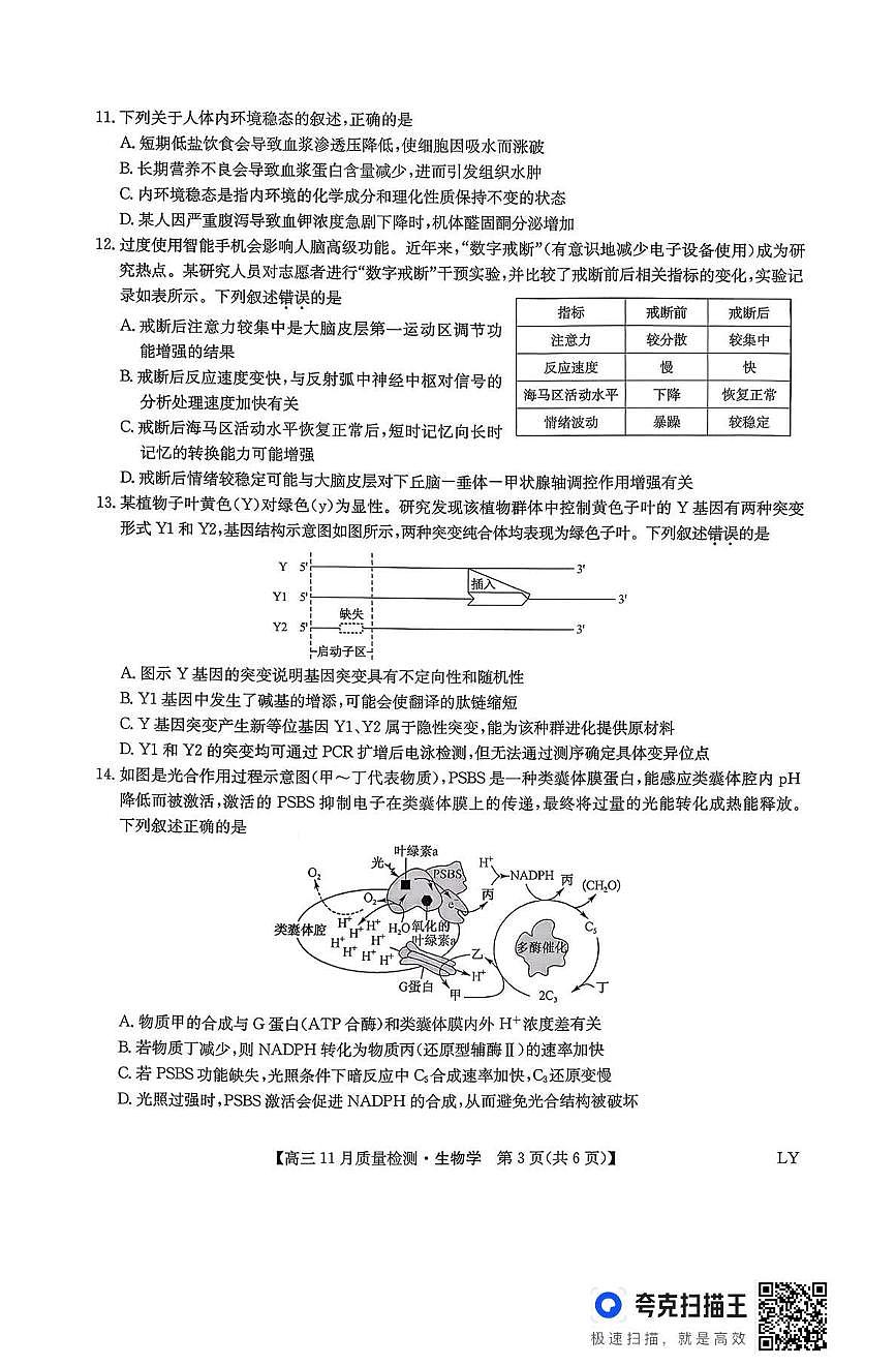 九师联盟2026届高三上学期11月质量检测生物试卷(下标LY)+答案第3页