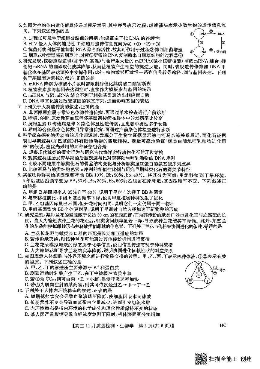 九师联盟2026届高三上学期11月质量检测生物试卷(下标HC)无答案第2页