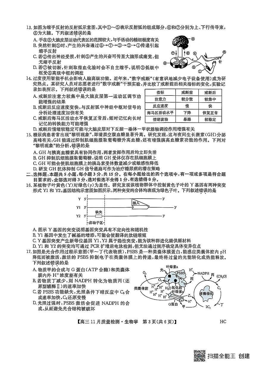 九师联盟2026届高三上学期11月质量检测生物试卷(下标HC)无答案第3页