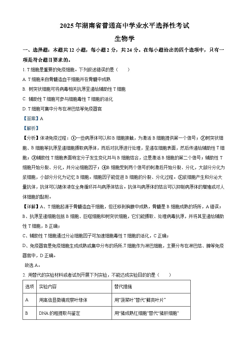2025高考湖南卷生物真题（解析版）第1页
