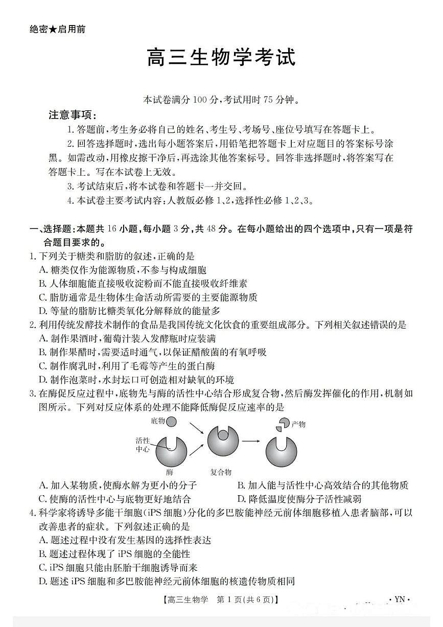 金太阳百万联考·云南省2026届高三上学期11月考试(11.27)[YN]生物试题（含答案）第1页