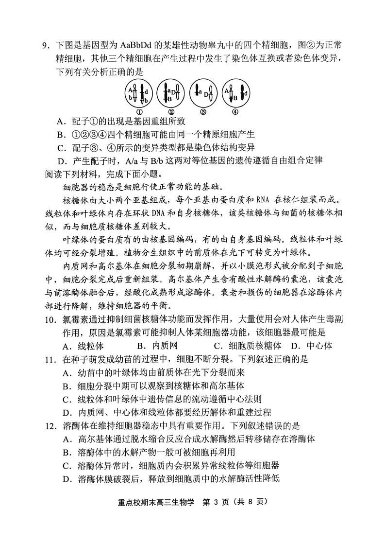天津市五区县重点校2024-2025学年高三上学期1月期末生物试题第3页