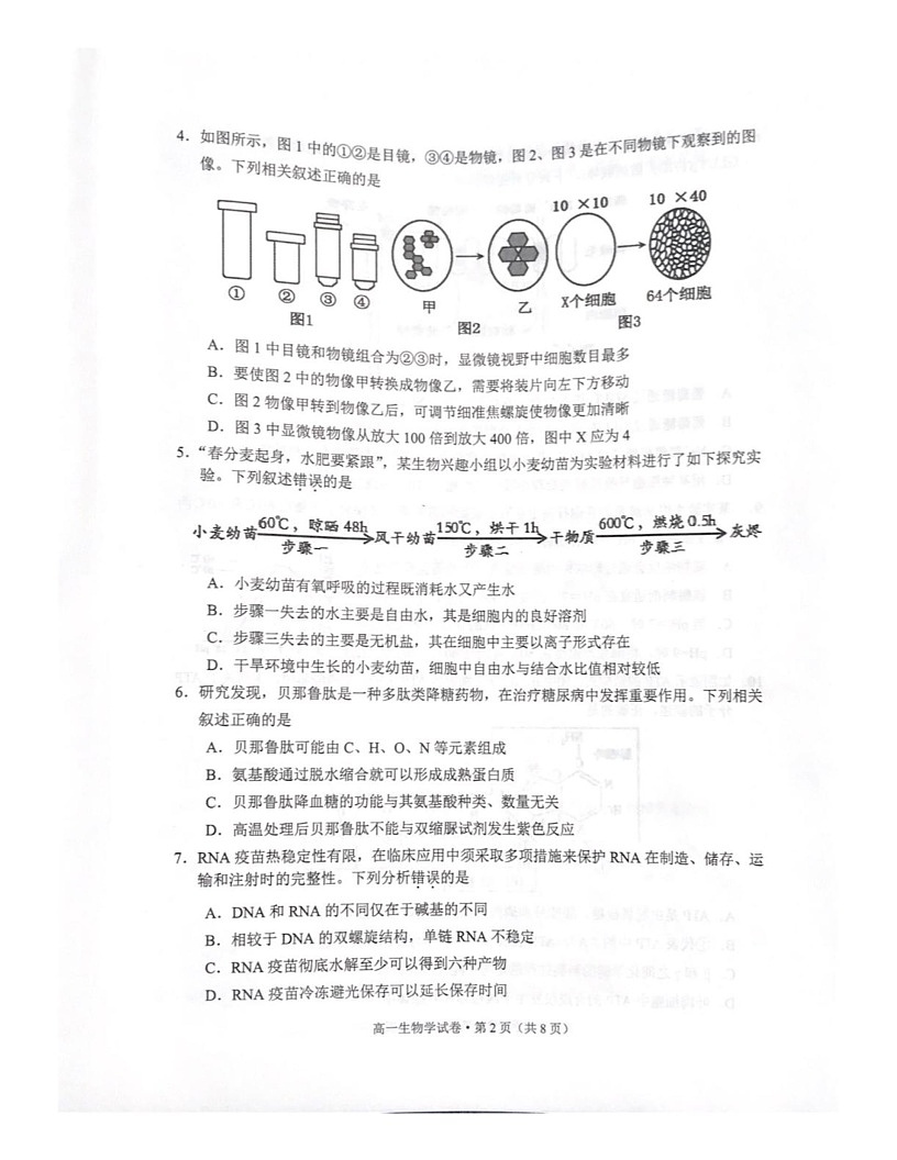 云南省红河州文山壮族苗族自治州2024-2025学年高一上学期1月期末生物试题第2页