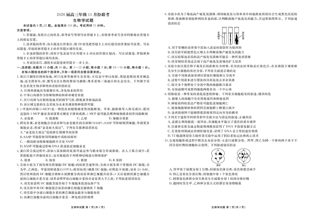 高三生物电子文件 高三生物正文（2026届高三年级11月份联考）第1页