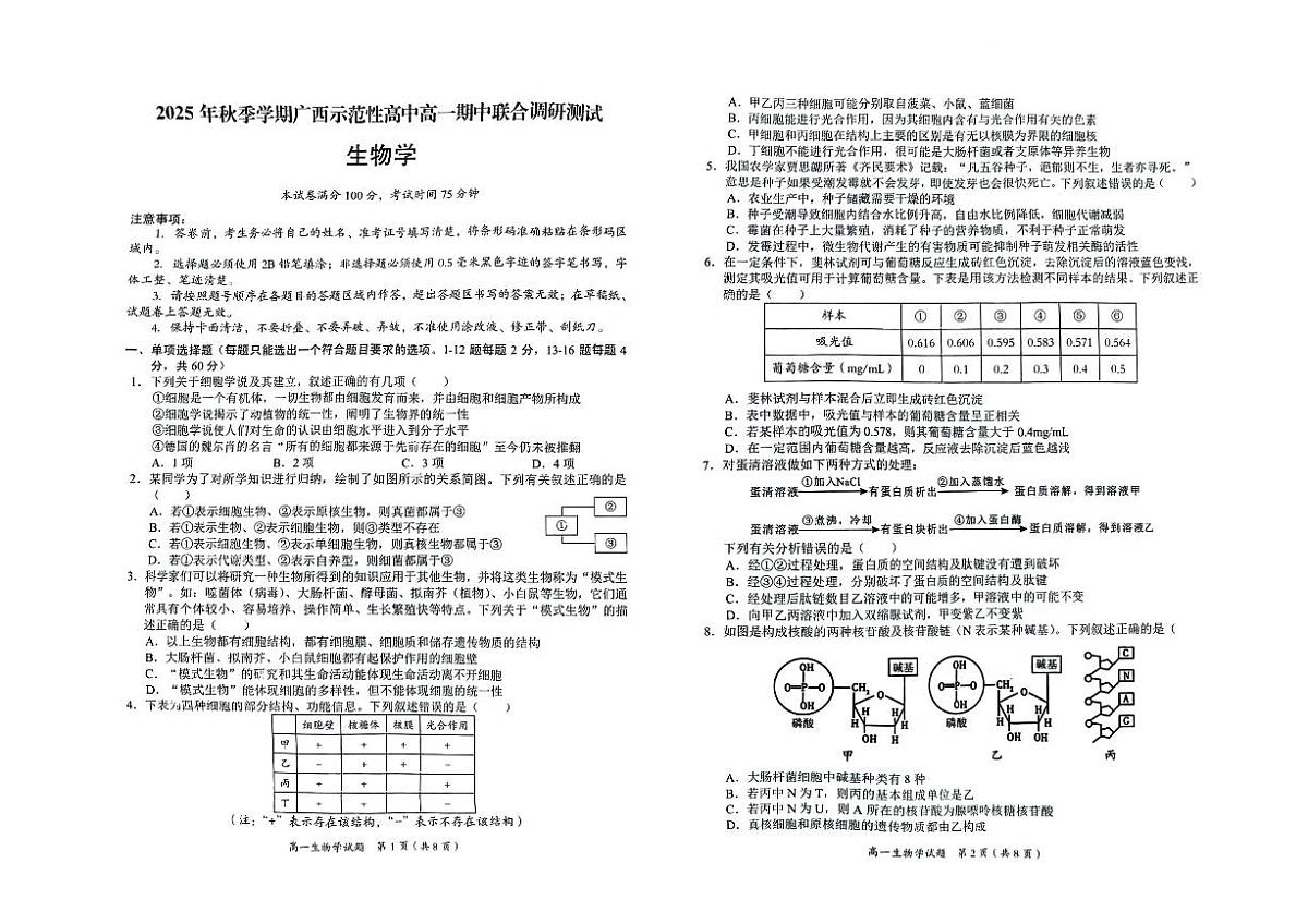 广西示范性高中2025-2026学年高一上学期期中联合调研测试生物试卷（含答案）第1页