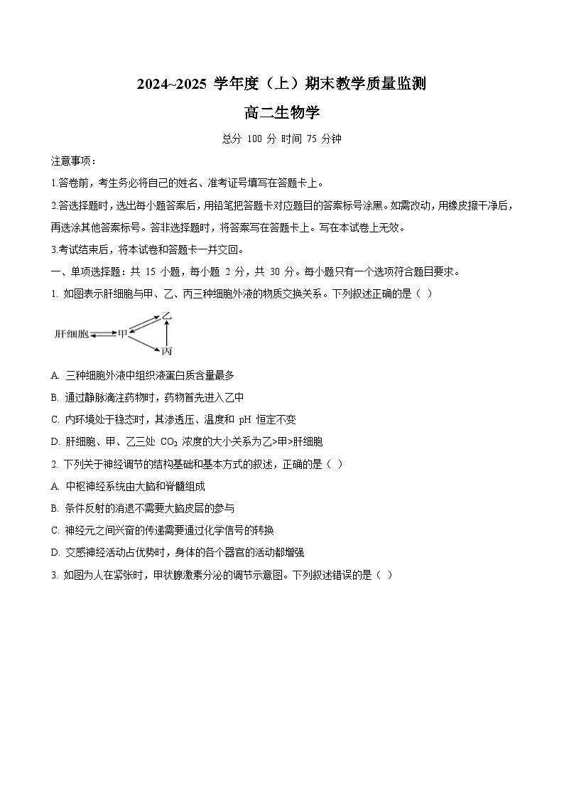 辽宁省丹东市2024-2025学年高二上学期期末考试生物试题（含答案）第1页