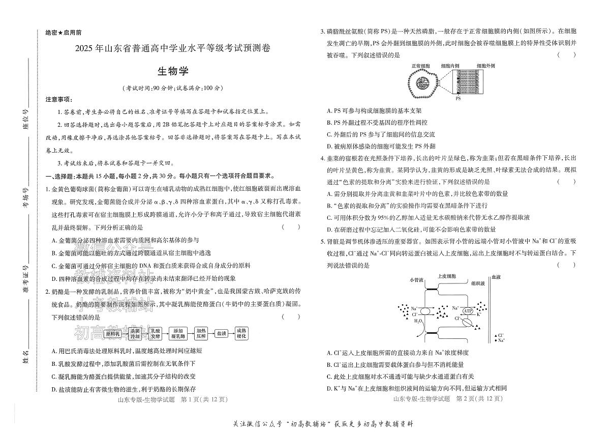 2025版《高考押题预测卷》（山东专版） 生物第1页