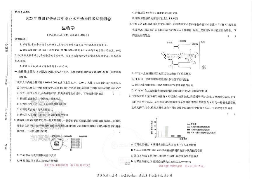 2025版《高考押题预测卷》（贵州专版）生物学第1页