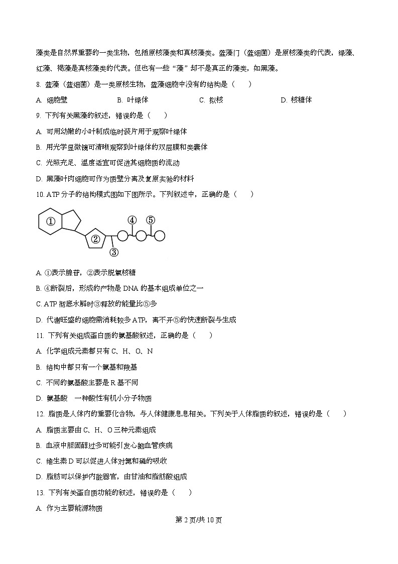 浙江省强基联盟2025-2026学年高一上学期11月期中生物试题 Word版无答案第2页