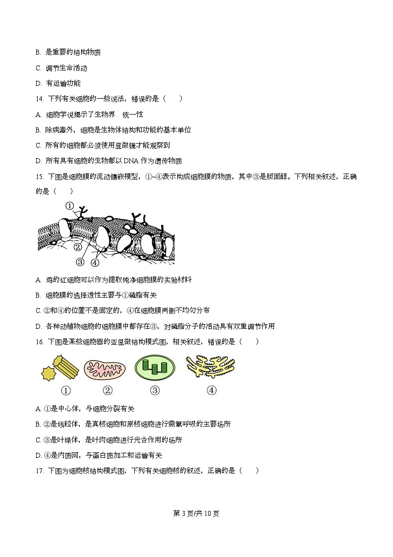 浙江省强基联盟2025-2026学年高一上学期11月期中生物试题 Word版无答案第3页