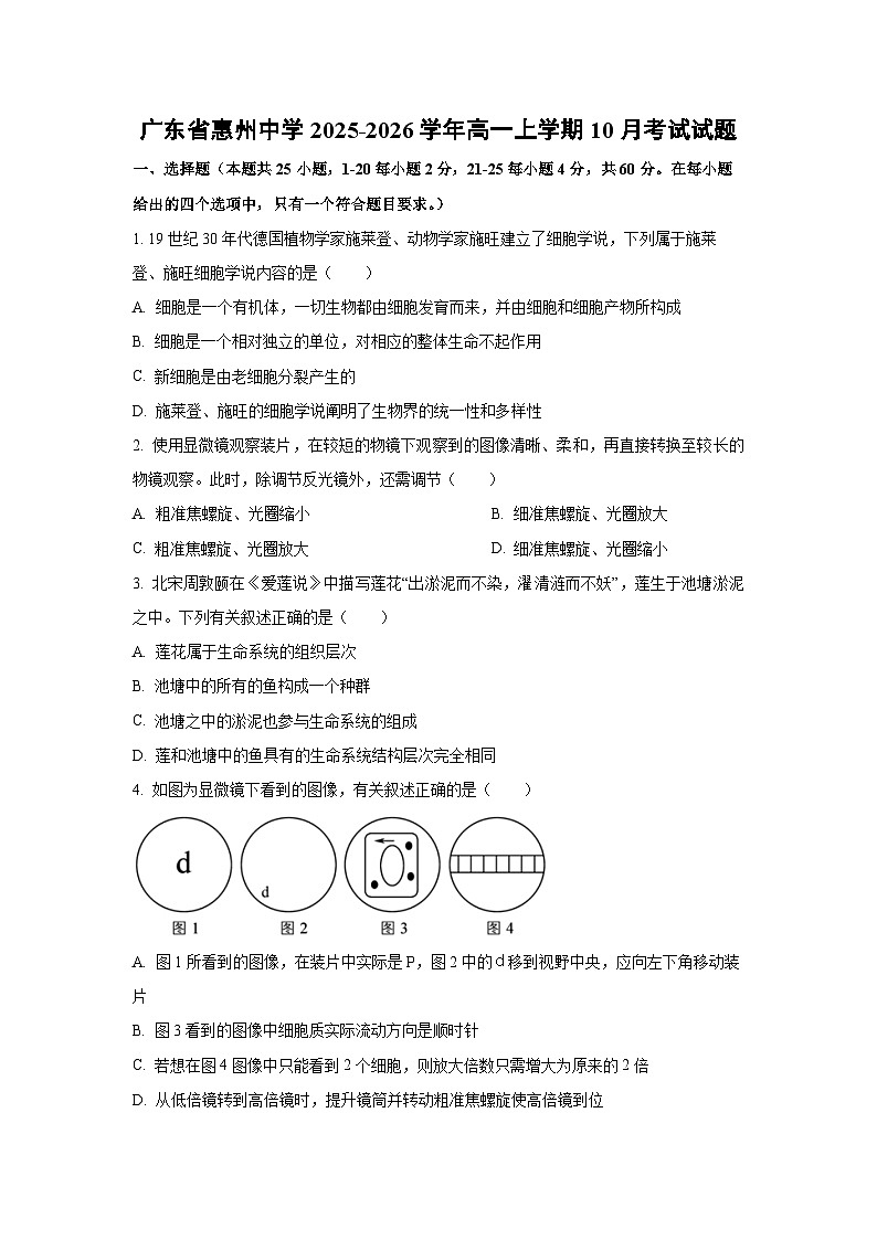 广东省惠州中学2025-2026学年高一上学期10月考试生物试卷（学生版）第1页