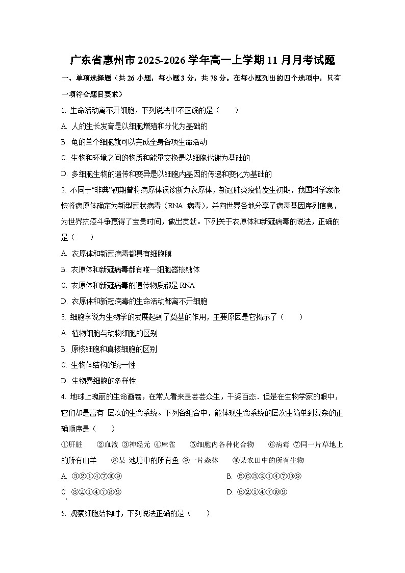广东省惠州市2025-2026学年高一上学期11月月考生物试卷（学生版）第1页