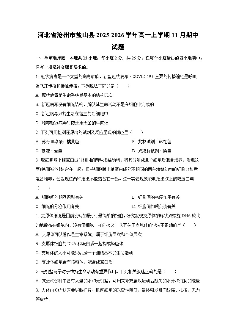 河北省沧州市盐山县2025-2026学年高一上学期11月期中生物试卷（学生版）第1页
