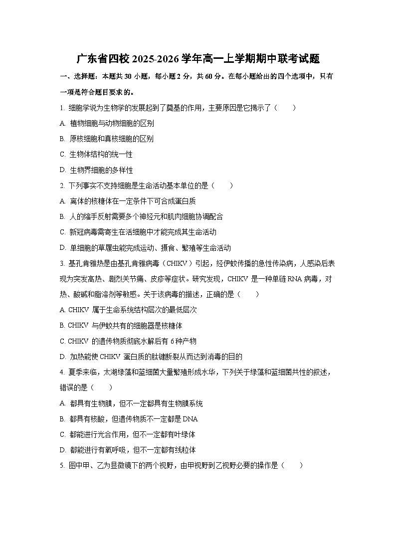 广东省四校2025-2026学年高一上学期期中联考生物试卷（学生版）第1页