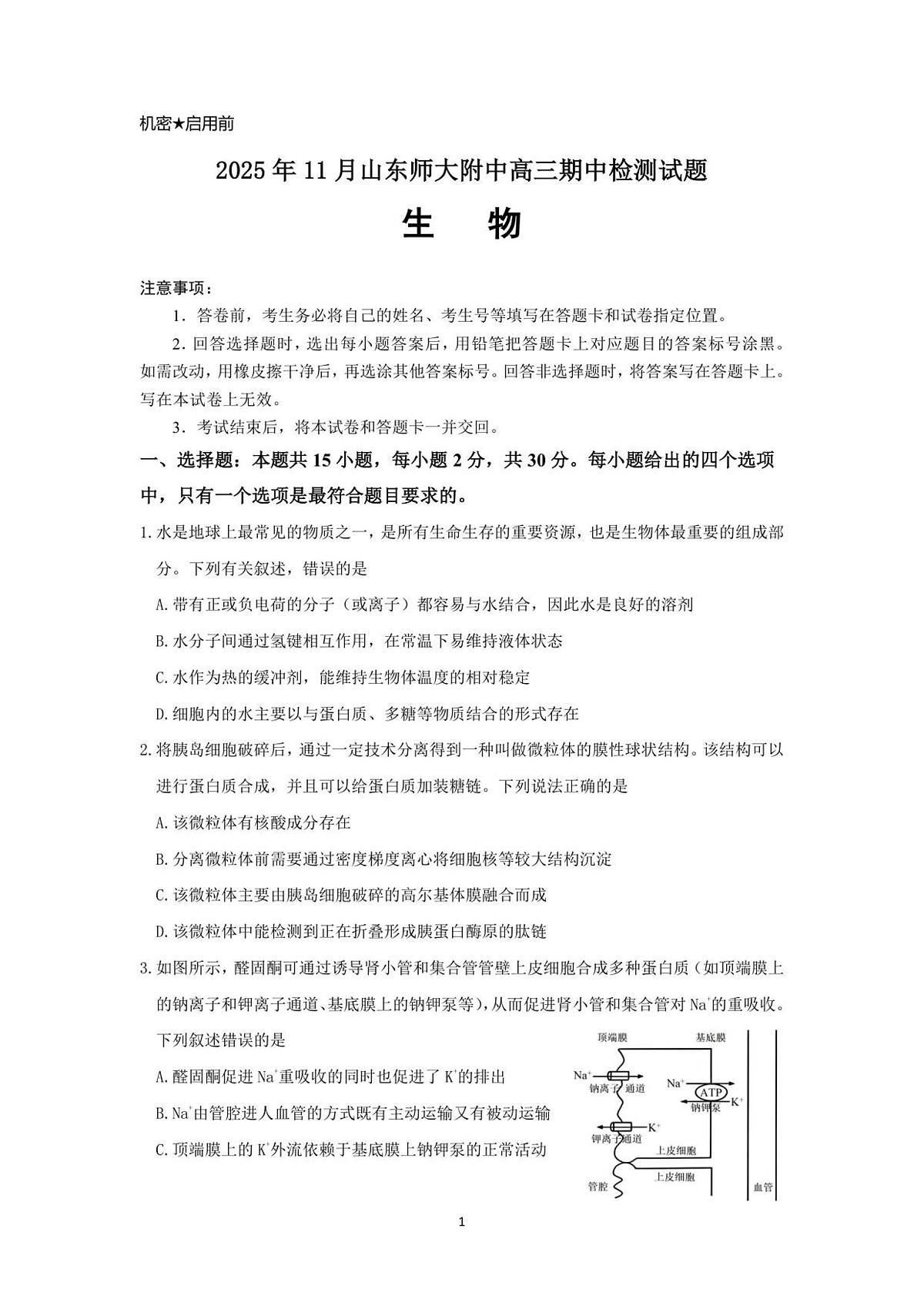 山东师范大学附属中学2025-2026学年高三上学期11月期中考试生物试题第1页