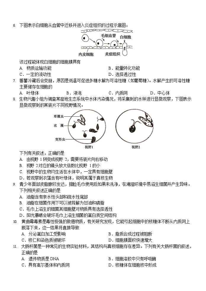 浙江省杭州重点中学2025-2026学年高一上学期11月期中考试生物试卷第2页