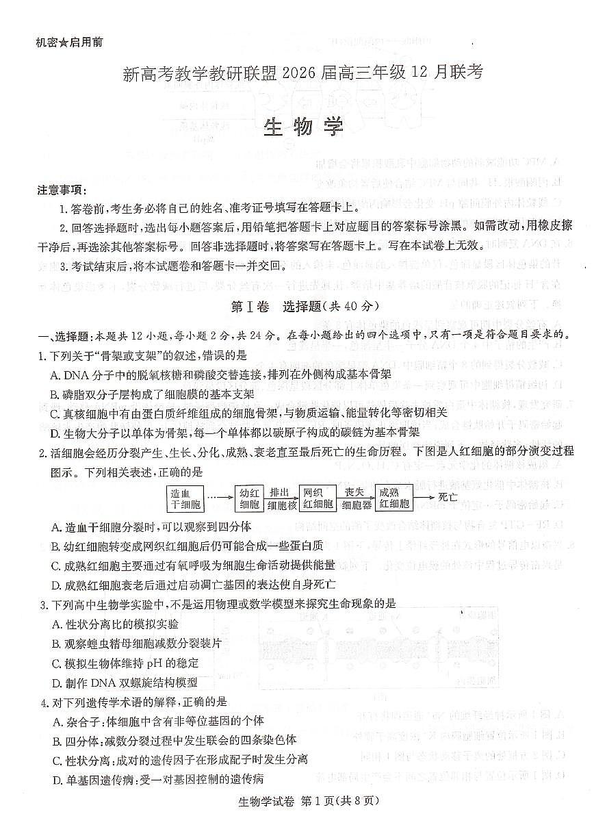 湖南省长郡二十校教研联盟2026届高三上学期12月考生物试题+答案第1页