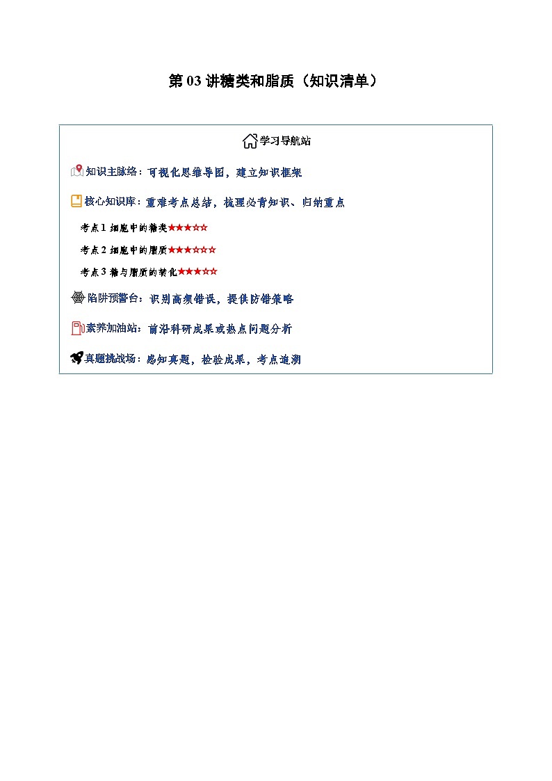 高考生物一轮复习-糖类和脂质（知识清单）（全国通用）（原卷版）第1页