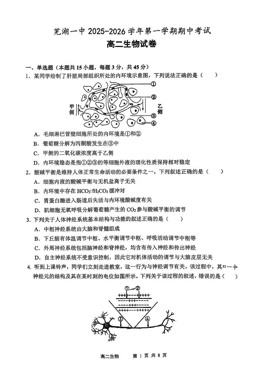 安徽省芜湖市第一中学2025-2026学年高二上学期12月期中考试生物试题第1页