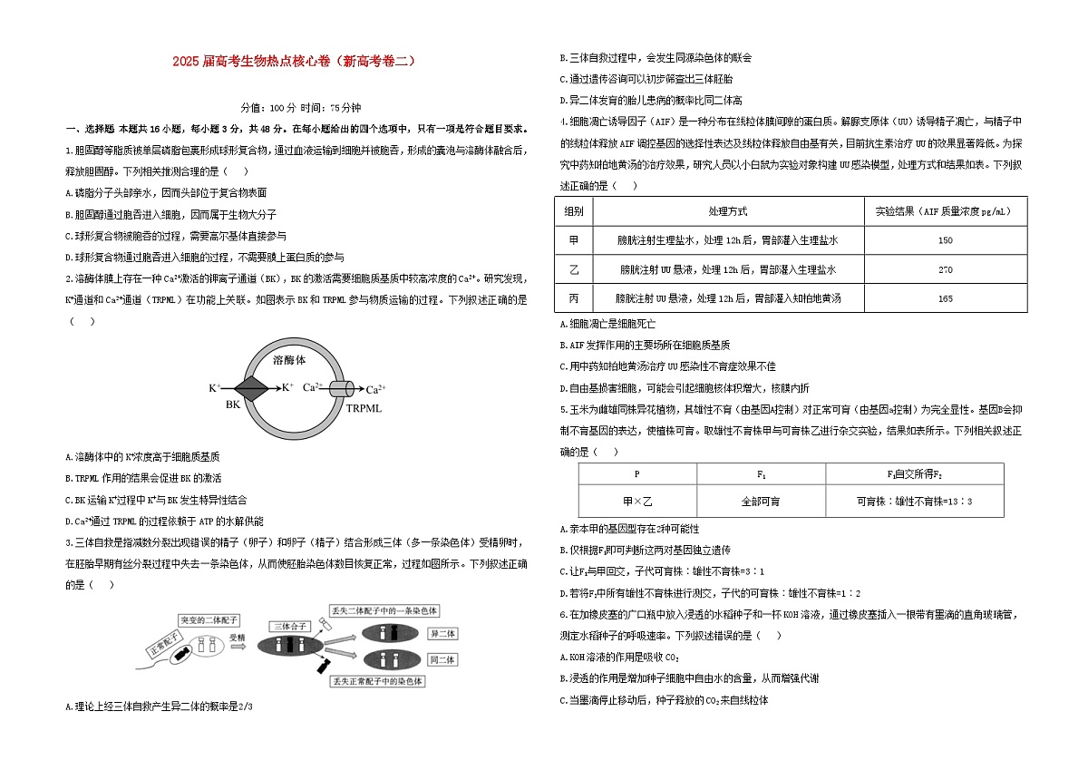 2025届高考生物学热点核心卷新高考卷二含解析第1页