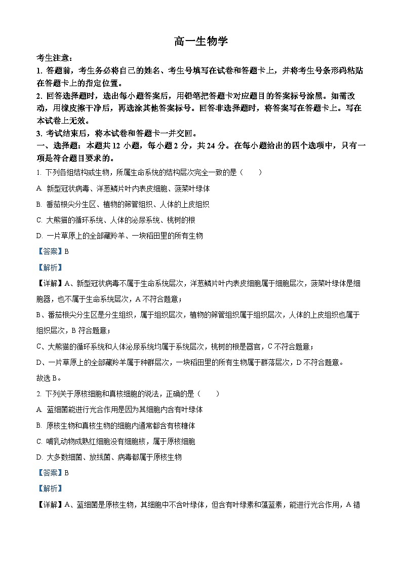 湖南省名校联盟联考2025-2026学年高一上学期11月期中生物试题 Word版含解析第1页