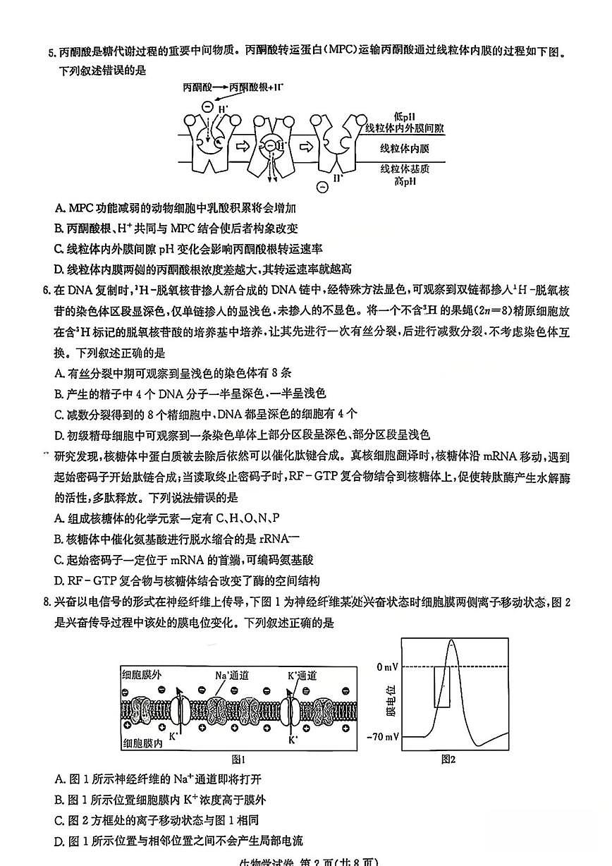 长郡中学12月月考生物试卷第2页