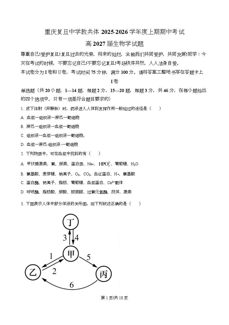 重庆市复旦中学教共体2025-2026学年高二上学期期中考试生物试题（原卷版）第1页
