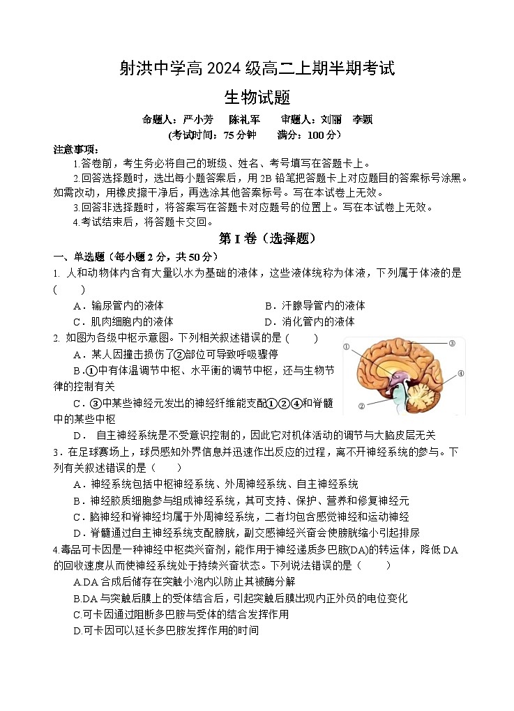 四川省遂宁市射洪中学2025-2026学年高二上学期期中考试生物试题第1页