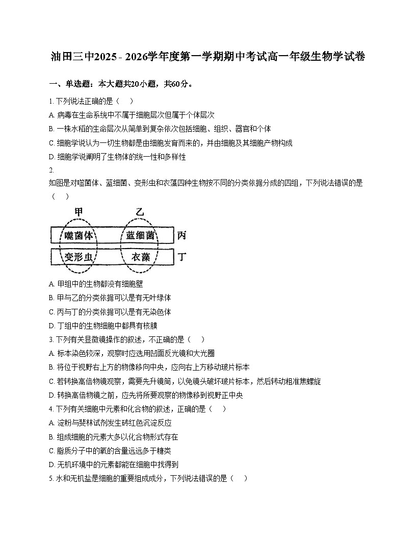 天津市五校联考2025—2026学年高二上学期期中考试生物试题（文字版，含答案）第1页