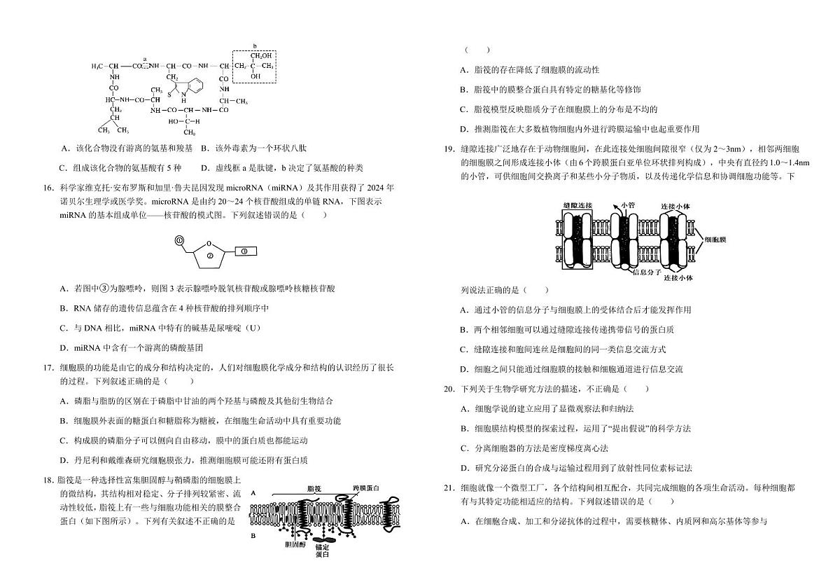 生物-安徽省六安市第一中学2025-2026学年高一上学期期中试题及答案第3页