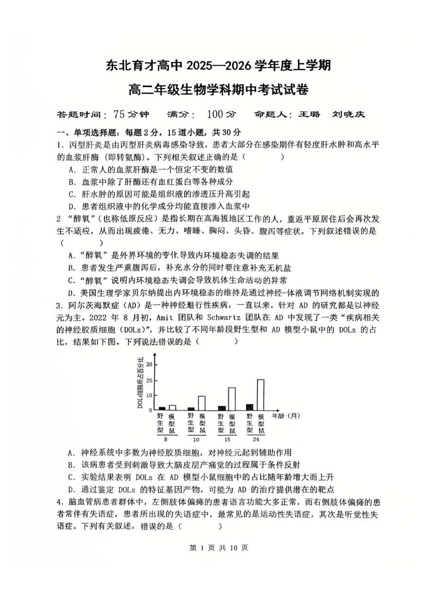 辽宁省沈阳市东北育才学校高中2025-2026学年高二上学期期中考试生物试卷第1页