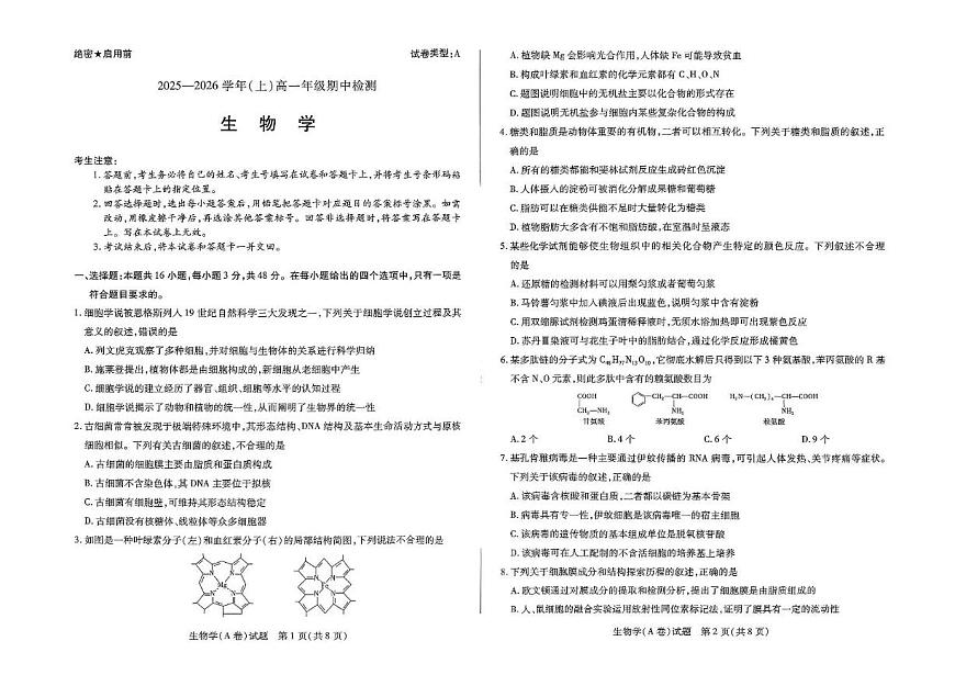 河南省天一大联考2025-2026学年高一上学期11月期中检测生物试题（A）含答案第1页
