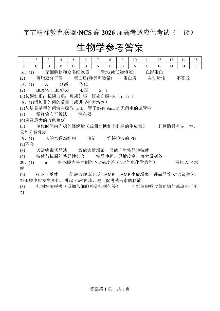 字节精准教育联盟·NCS高2026届高考适应性考试（一诊）生物答案第1页
