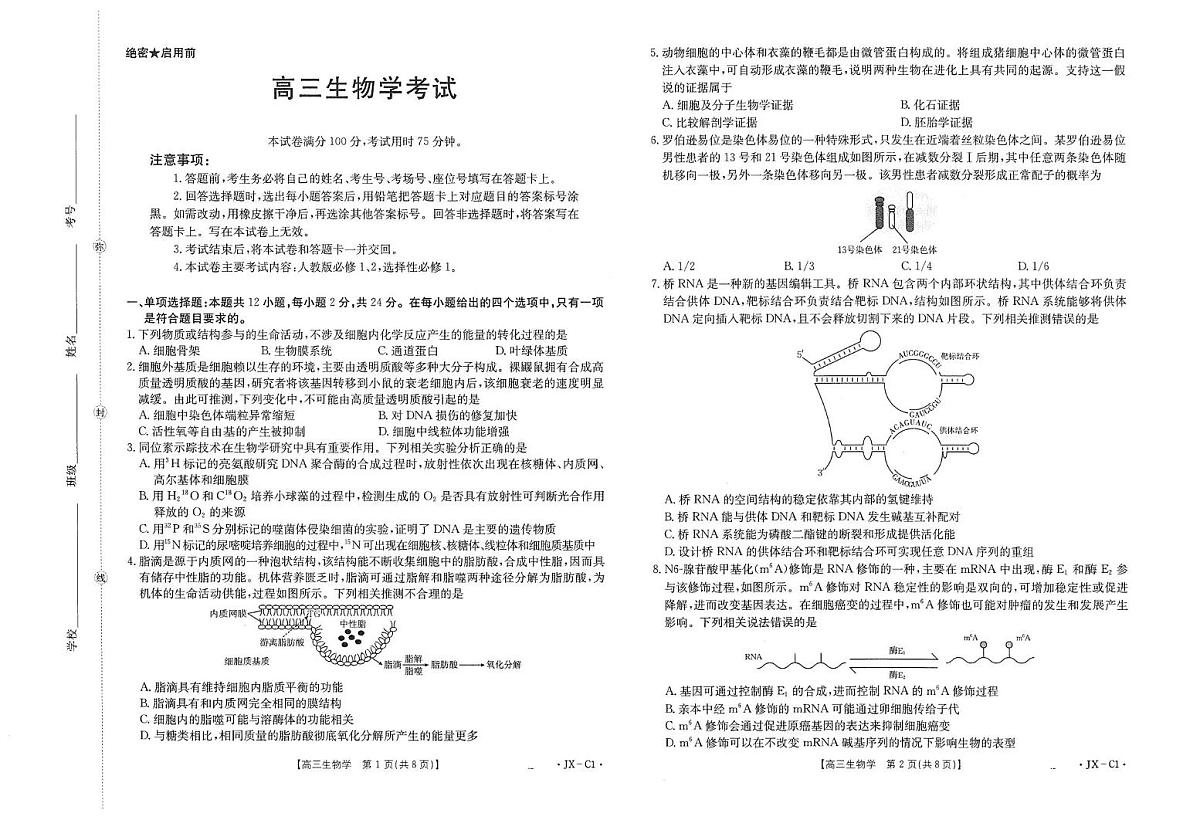 江西省2026届高三上学期11月联考（JX）生物第1页