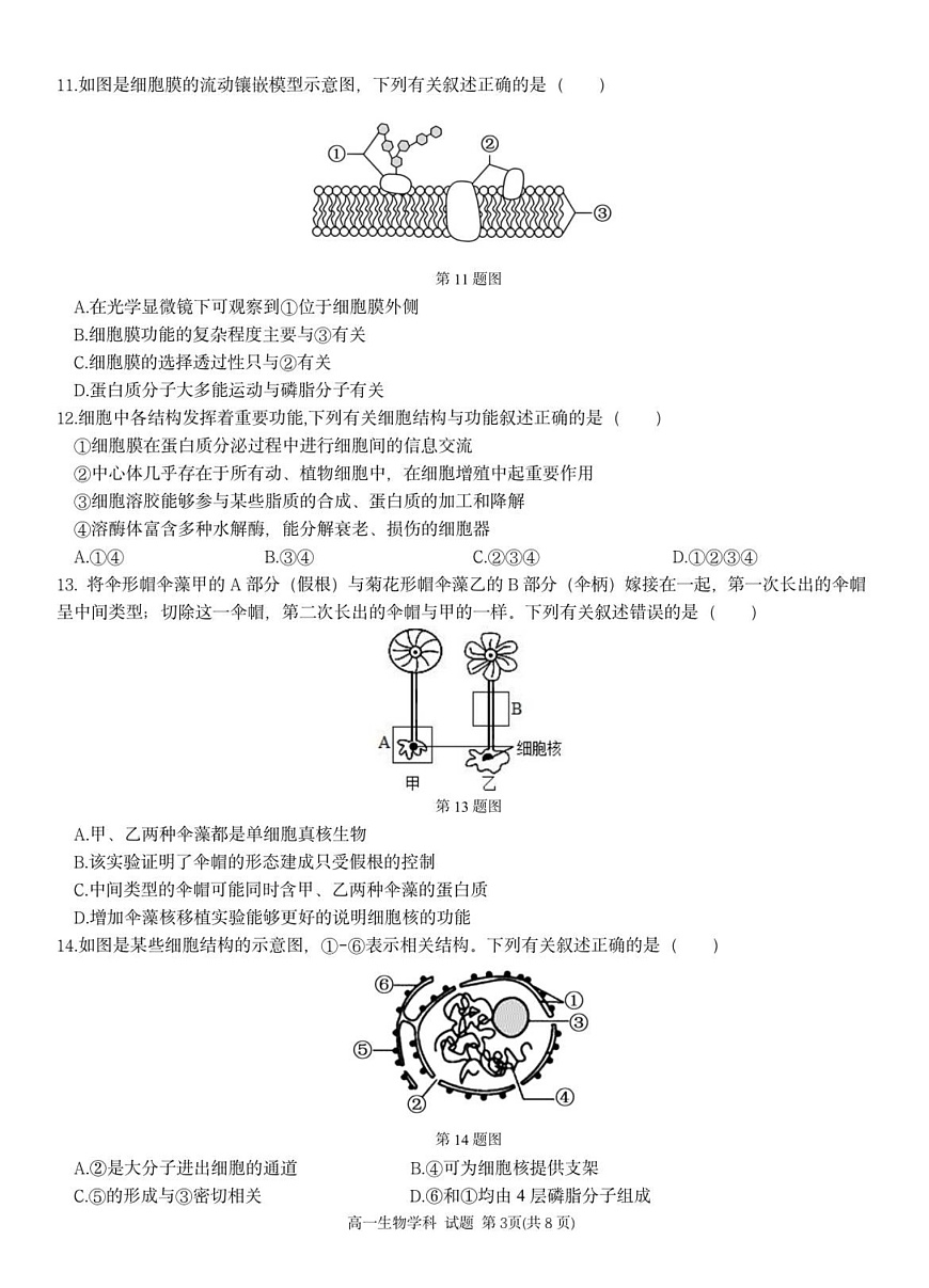 浙江省浙南名校联盟2025-2026学年高一上学期11月期中考试生物试卷第3页