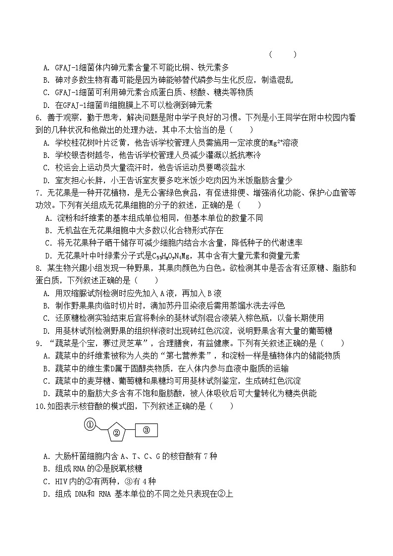 福建省厦泉五校2025-2026学年高一上学期期中联考生物试题（Word版附答案）第2页