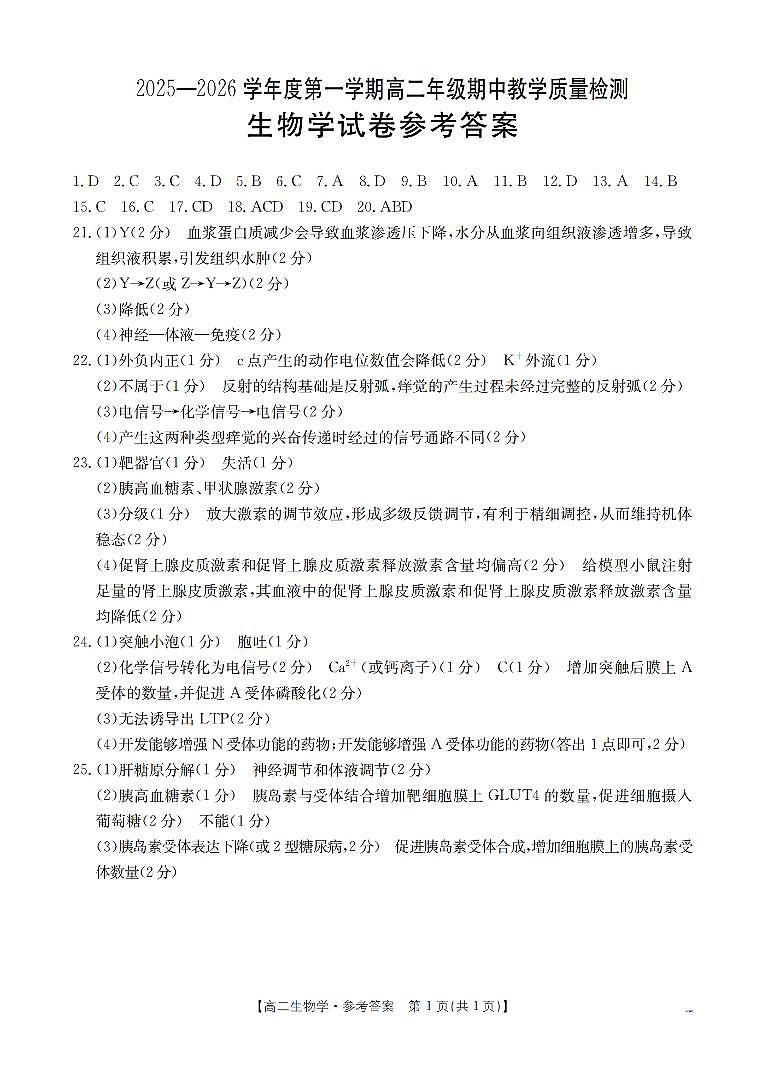 内蒙古2025-2026学年高二上学期期中教学质量检测（26-119B）生物答案第1页