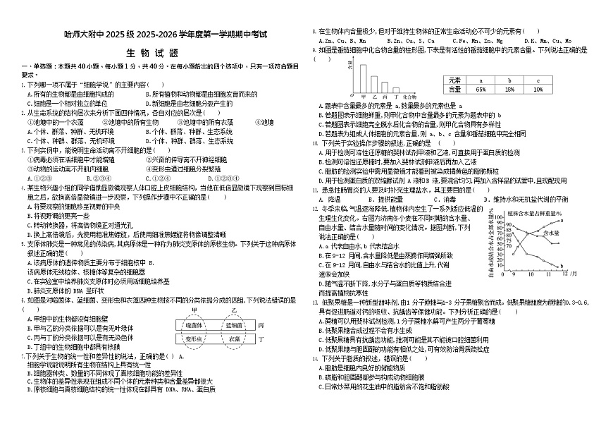 黑龙江省哈尔滨师范大学附属中学2025-2026学年高一上学期11月期中考试生物试卷第1页