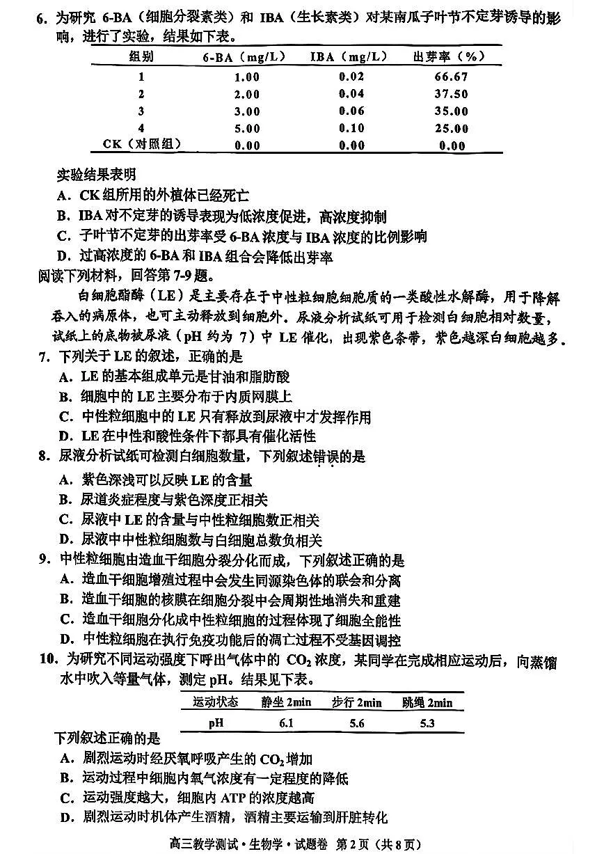 浙江省嘉兴市2026届高三一模生物学试卷（无答案）第2页
