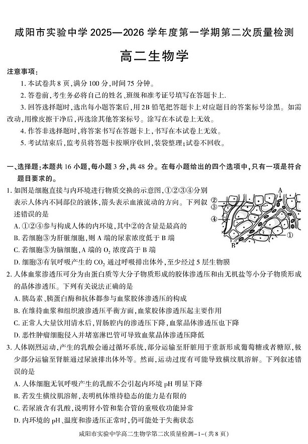 陕西省咸阳市实验中学2025-2026学年高二上学期11月考试生物试卷第1页