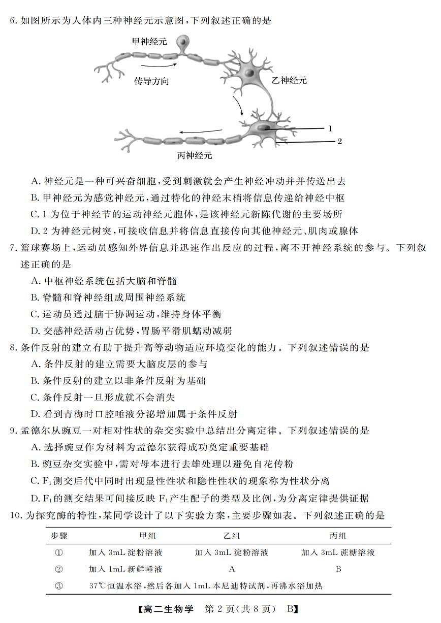 浙江省强基联盟2025-2026学年高二上学期10月联考B卷生物试卷第2页
