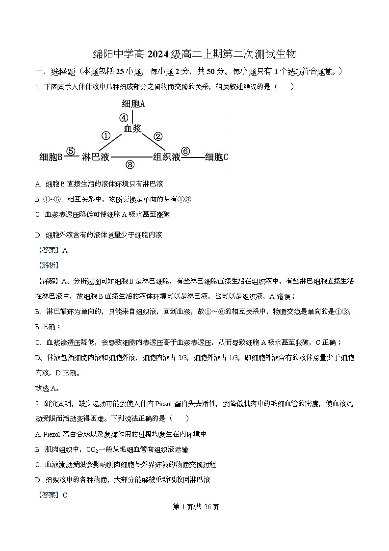 四川省绵阳中学2025-2026学年高二上学期第二次测试生物试题 Word版含解析第1页