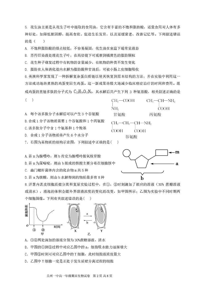 甘肃省兰州第一中学2024-2025学年高一上学期1月期末考试生物试卷（图片版）第2页