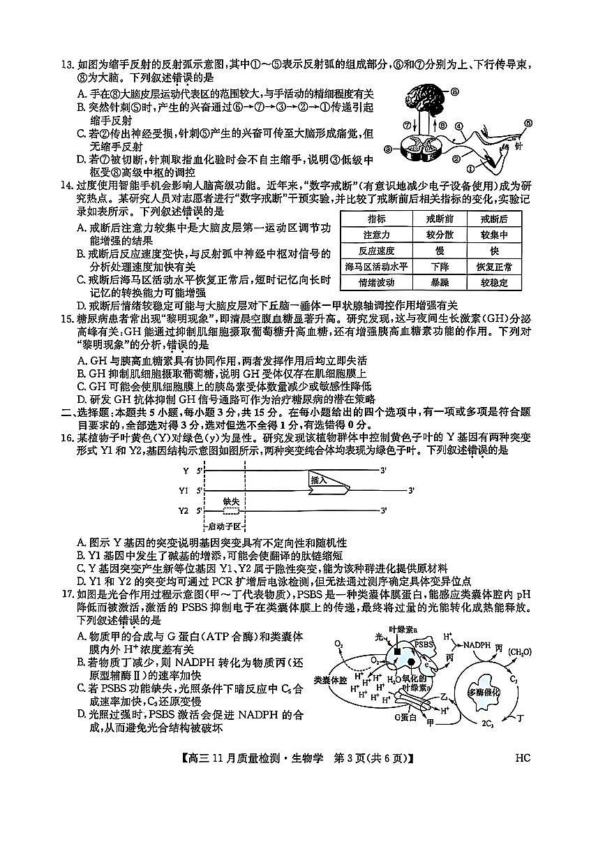 河南省部分重点中学2025-2026学年高三上学期11月质量检测生物试题（含答案）第3页