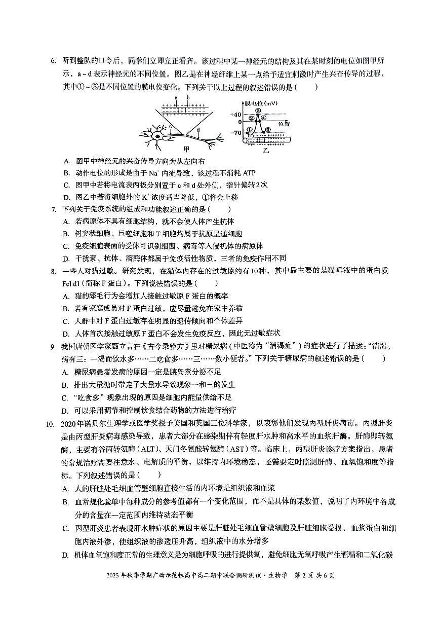 广西示范性高中2025-2026学年高二上学期期中联合调研测试生物试卷（PDF版附解析）第2页