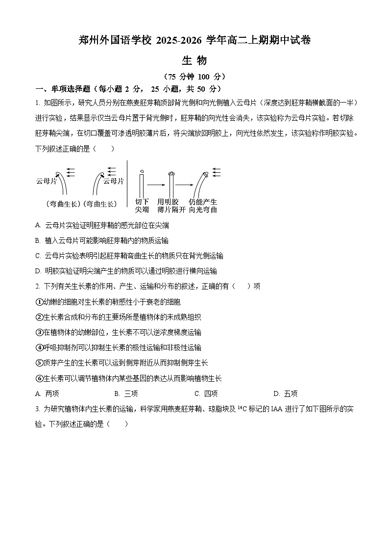 河南省郑州外国语学校2025—2026学年高二上学期期中考试生物试题（原卷版）第1页