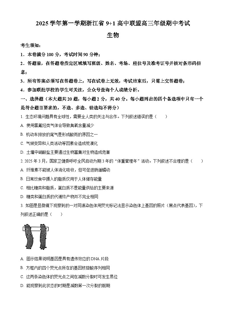 浙江省9+1高中联盟2026届高三上学期期中考试生物试题（原卷版）第1页