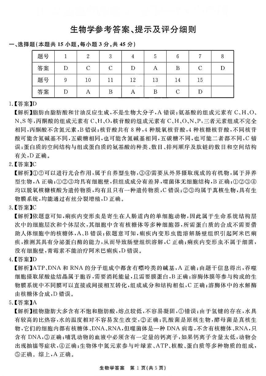 （一六八一模）生物学参考答案提示及评分细则—副本第1页